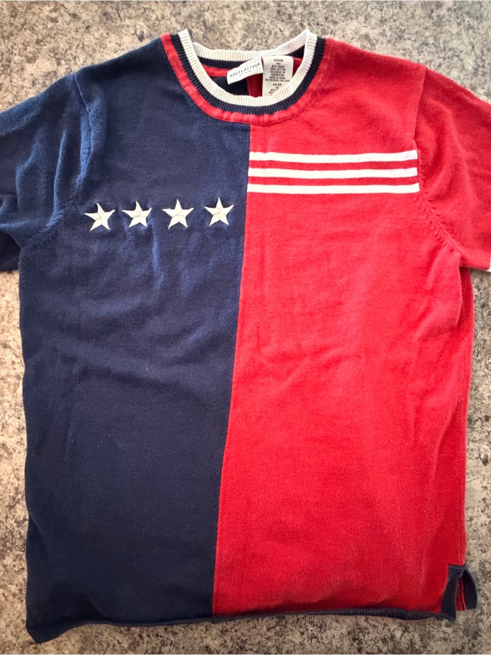 White Stag Plus Womens 16W Short Sleeve Sweater Red Navy Stars Striped